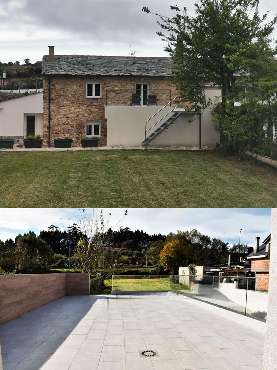 Finca cerrada y zona exterior pavimentada de la casa